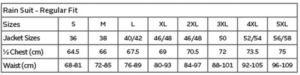 Contract Rain Suit size chart