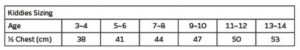 Kiddies Max Jacket size chart