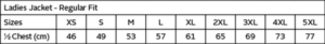 Ladies Pegasus Jacket size chart