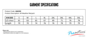 All Weather Macjack size chart