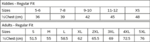 BRT Econo Golfer size chart