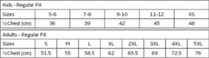 BRT Hydro Golfer size chart