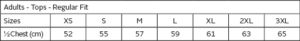 BRT Match Shirt size chart