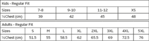 BRT Turbo Golfer size chart