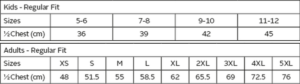 BRT X-Celerate Golfer size chart