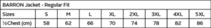 Barricade Jacket size chart