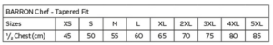 Barron Food Safety Jacket (BC-FSJ) size chart