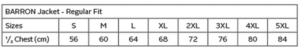 Blaze 4-in-1 jacket size chart