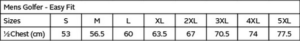 Bravo Golfer size chart