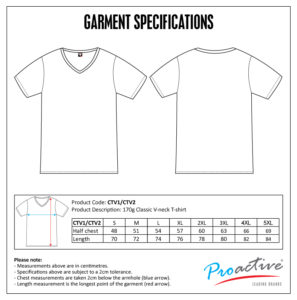 170g Combed Cotton V-Neck T-Shirt size chart