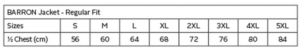 Contractor 3-in-1 Jacket size chart