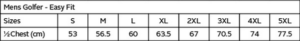 Impact Golfer size chart