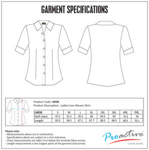 Icon Ladies Woven Shirt size chart