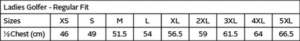 Ladies Caprice Golfer size chart