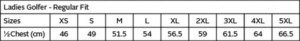 Ladies Lunar Golfer size chart