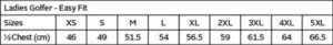 Ladies Nexus Golfer size chart