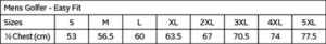 Mens Apollo Golfer size chart