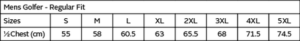 Mens Edge Golfer size chart