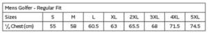 Patrol Golfer size chart