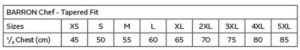 Veneto Chef Jacket size chart