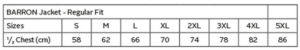 Venture Padded Jacket size chart