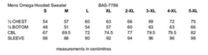 Omega Mens Hoodie size chart