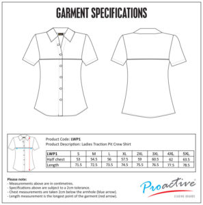 Traction Ladies Pit Crew Shirt (LWP1) size chart