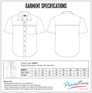 Traction Pit Crew Shirt size chart